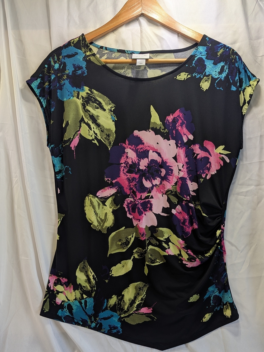 Jaclyn Smith Floral Print Black Short Sleeve Women's Top Size L